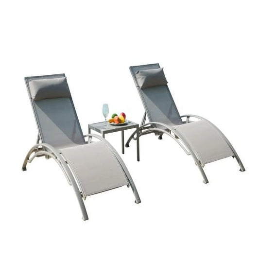 YLtoohoom Pool Lounge Chairs Set of 3  Adjustable Aluminum Outdoor Chaise Lounge Chairs with Metal   All Weather for Deck Lawn Poolside Backyard (Grey 2 Lounge Chairs+1 Table)