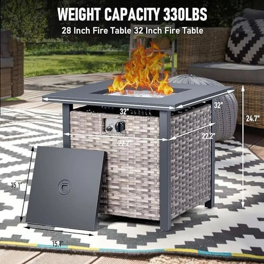 ZWNLKQG Outdoor Propane Fire Pit Table 28Inch 50 000 BTU Auto-Ignition Wicker Rattan Gas Fire Pit Table with Lid Glass Beads Waterproof Cover Steel Tabletop Perfect for Garden Patio Backy