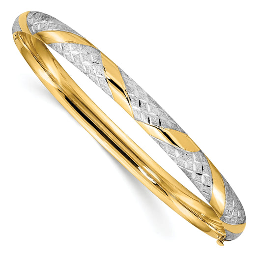 14k Yellow Gold with White Rhodium Diamond-cut Criss-Cross Textured Hinged Bangle