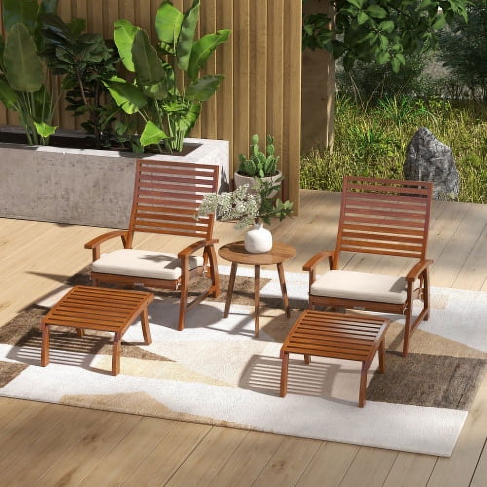 ZJbiubiuHome 4 Pieces Patio Chairs with Cushion  Outdoor Dining Chairs Set of 4  Acacia Wood Seat with Footstools  Slatted Seat & Backrest  Armrests  Cream White