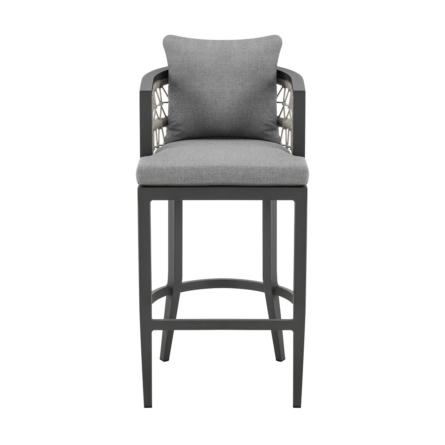 Zella Outdoor Patio Counter Stool in Aluminum with Light Gray Rope and Earl Gray Cushions