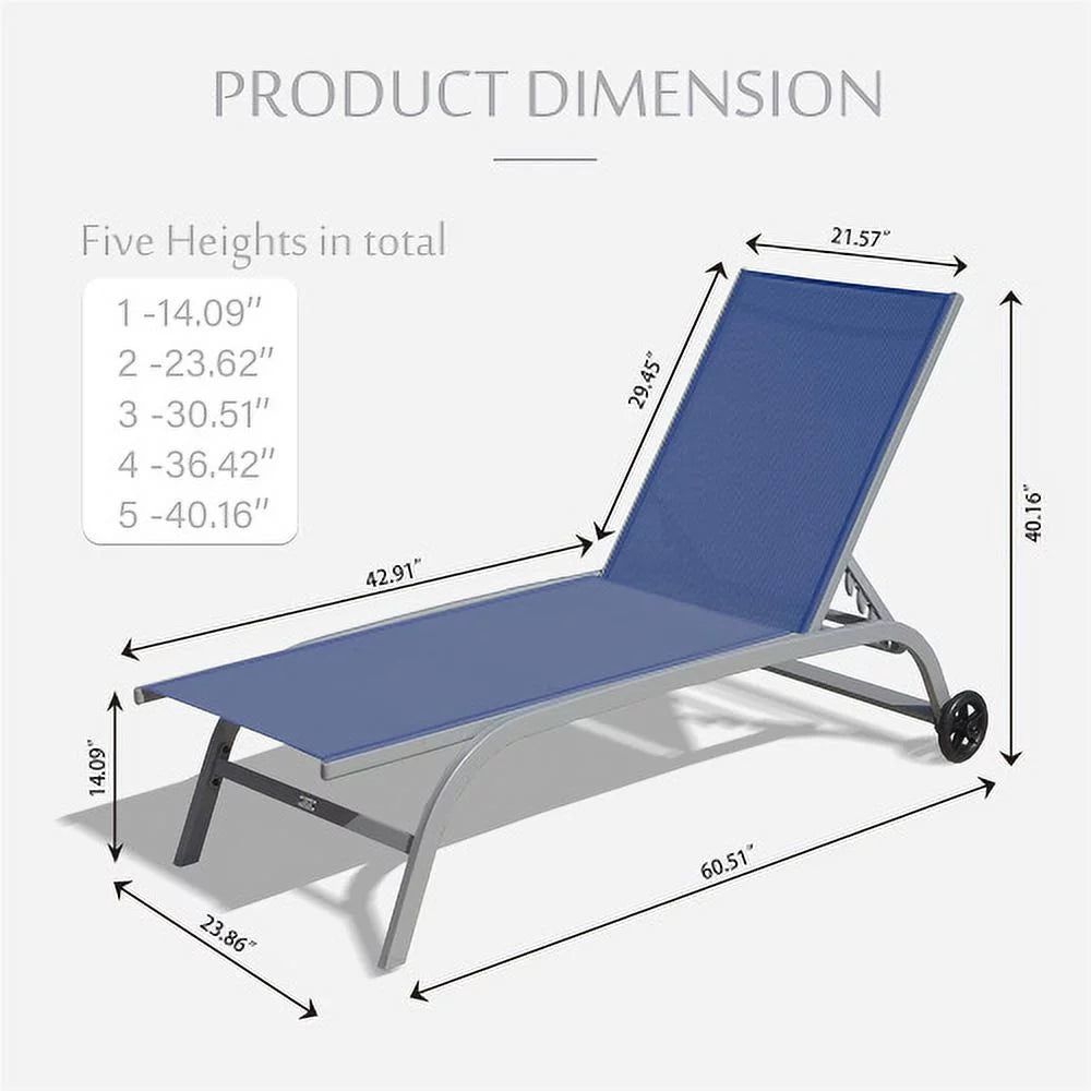 ZJbiubiuHome Chaise Lounge Outdoor   Lounge Chairs for Outside with Wheels  Outdoor Lounge Chairs with 5 Adjustable Position  Pool Lounge Chairs for Patio  Beach  Yard  Deck  Poolside(Blu