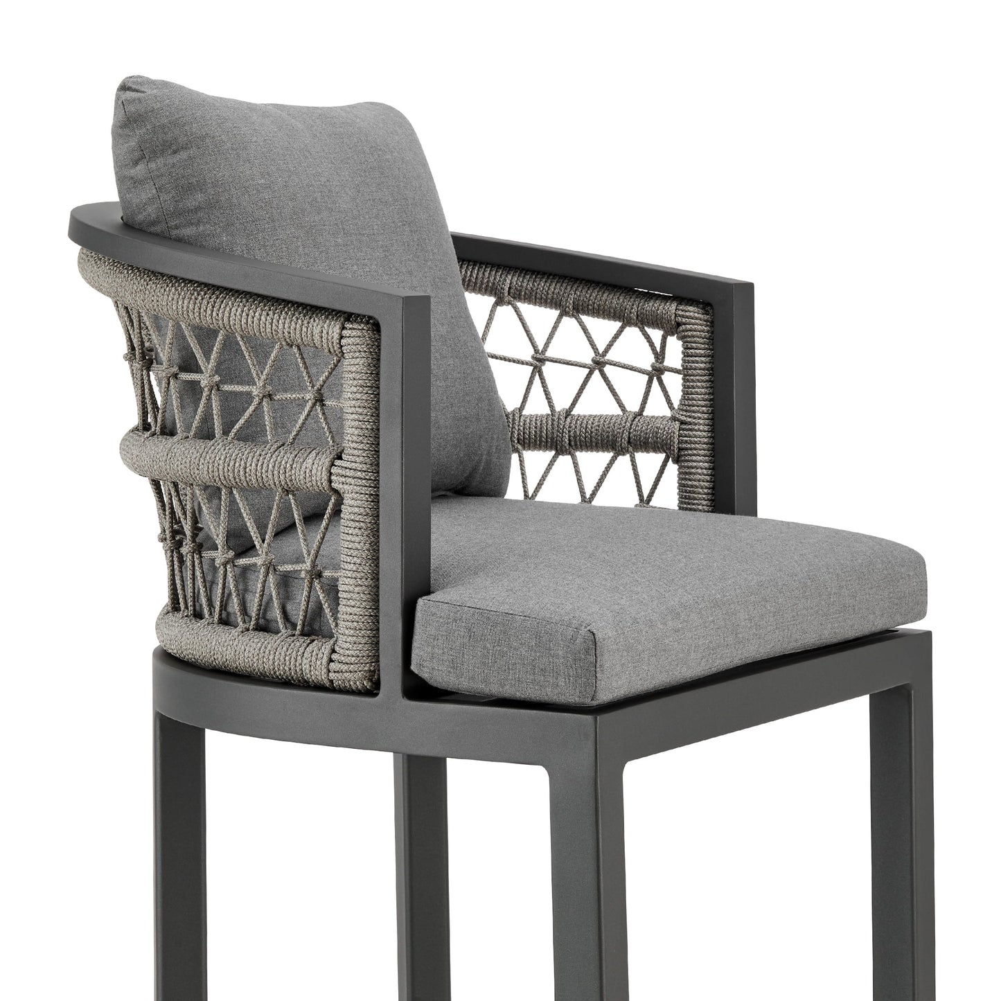 Zella Outdoor Patio Counter Stool in Aluminum with Light Gray Rope and Earl Gray Cushions