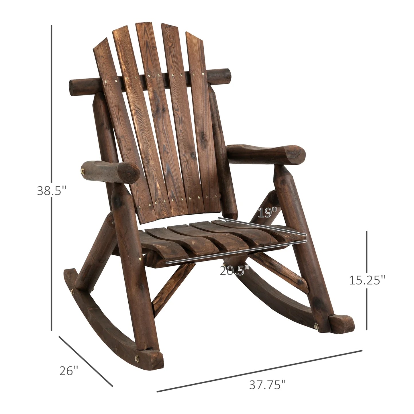 ZJbiubiuHome Outdoor Wooden Rocking Chair  Single-person Adirondack Rocking Patio Chair with Rustic High Back  Slatted Seat and Backrest for Indoor  Backyard  Garden  Carbonized