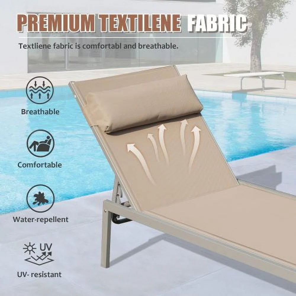 ZJbiubiuHome Patio Chaise Lounge Set of 3  Aluminum Pool Lounge Chairs with   Outdoor Adjustable Recliner All Weather for Poolside  Beach  Yard  Balcony (Khaki)